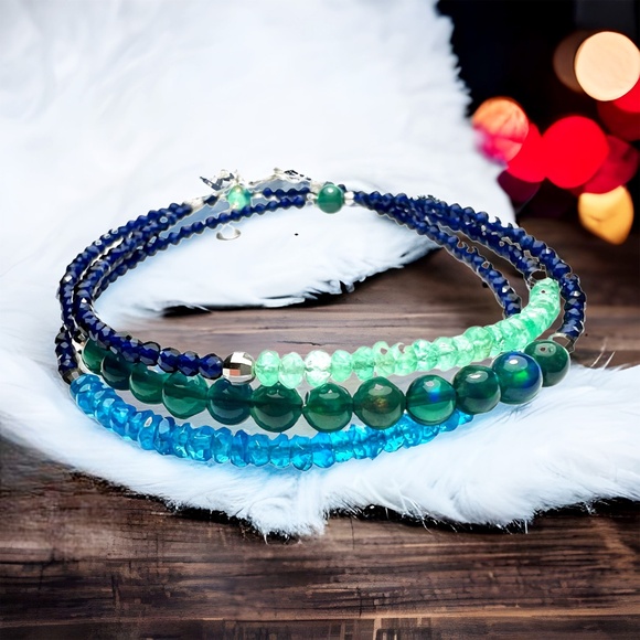 Solid 14K White Gold  Natural Emerald Black Opal Sapphire Wrap Bracelet Necklace - Picture 1 of 7